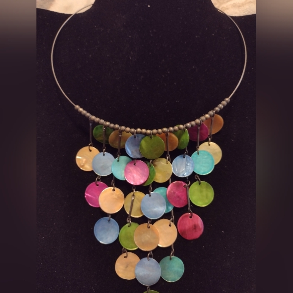Silver tone Chandelier drop cascade choker shell necklace